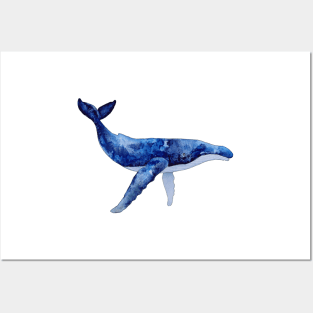 WHALE LOVERS GIFT - HUMPBACK WHALE - DEEP BLUE WATERCOLOR Posters and Art